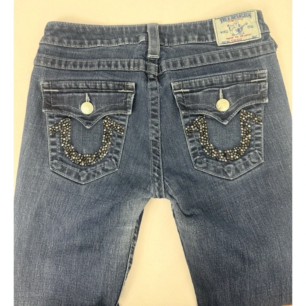 True Religion Straight Jeans Womens 29x32 Blue Dark Low Rise‎ Y2K  *FLAWS